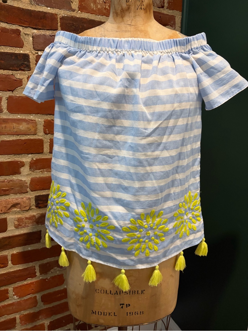 Buckley K Cabana Striped Off-Shoulder Top with Yellow Tassel Detail